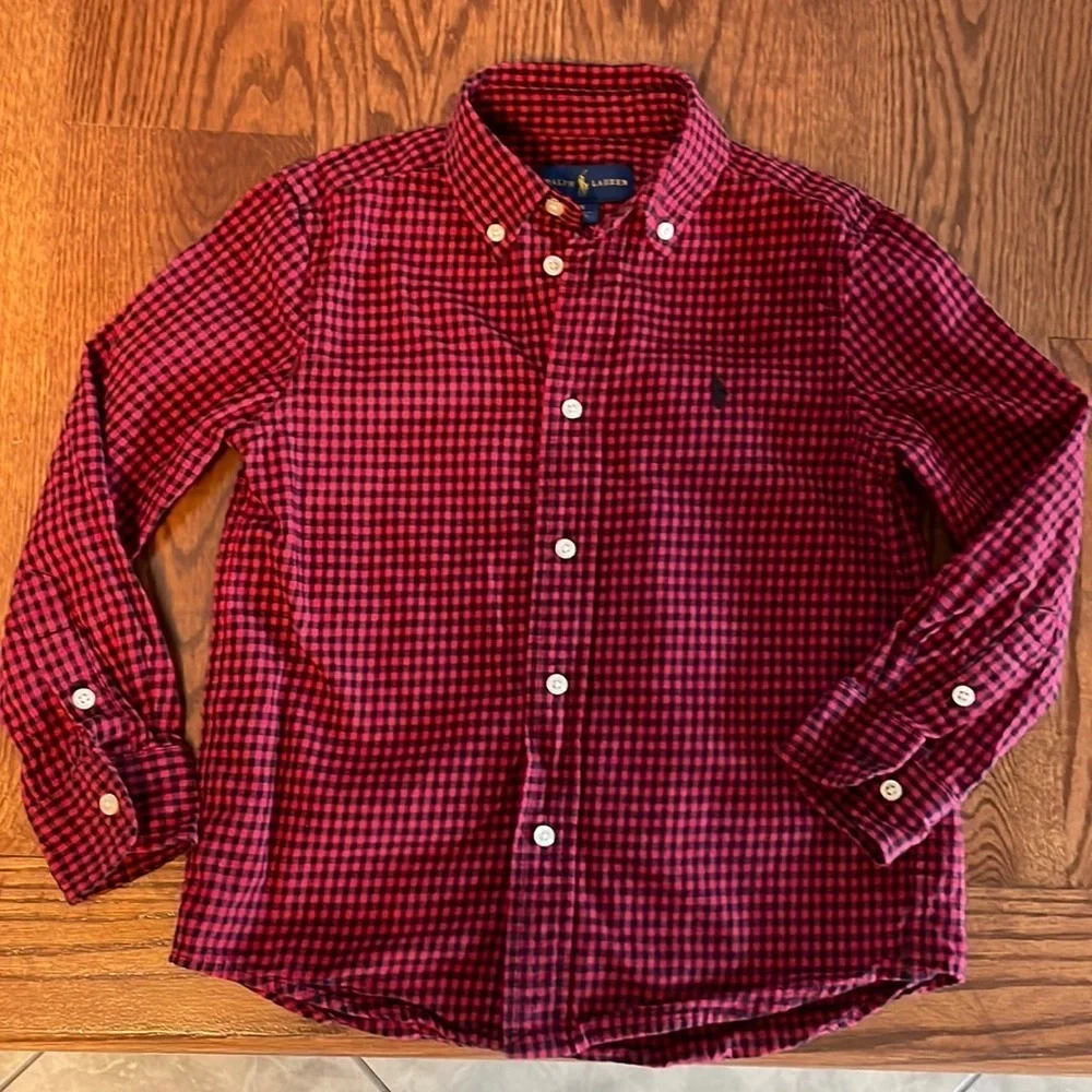 Ralph Lauren boys kids button down collared long sleeve shirt red plaid size 5